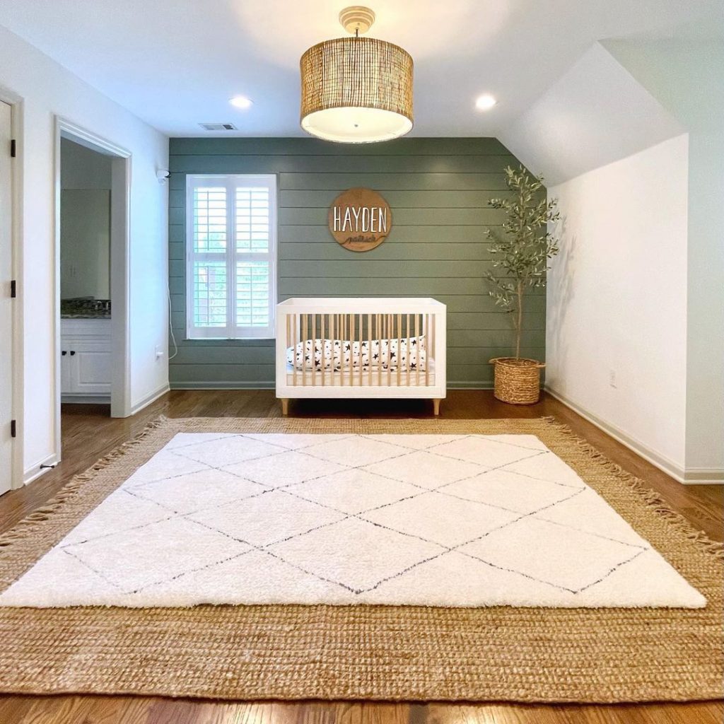 Sherwin Williams Retreat nursery shiplap feature wall sisal rug