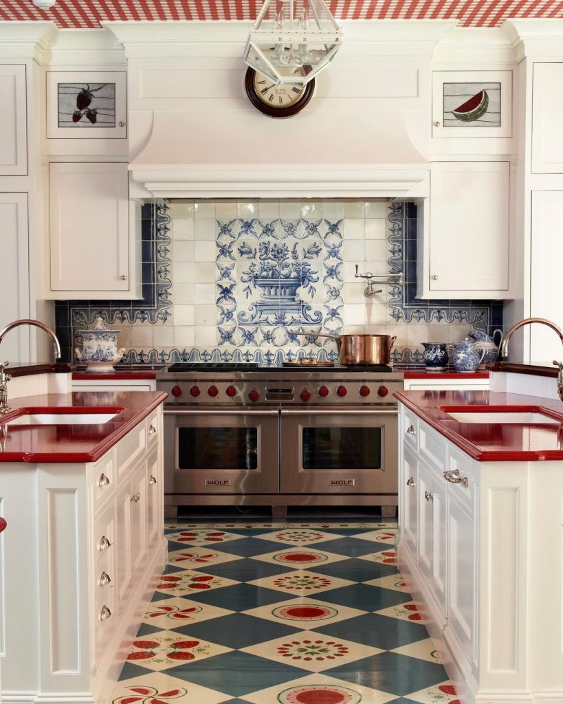 red blue and white preppy kitchen