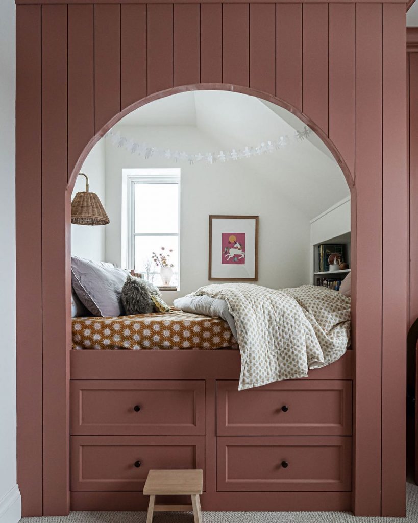 Benjamin Moore Soft Cranberry Pink Paint builtin bed