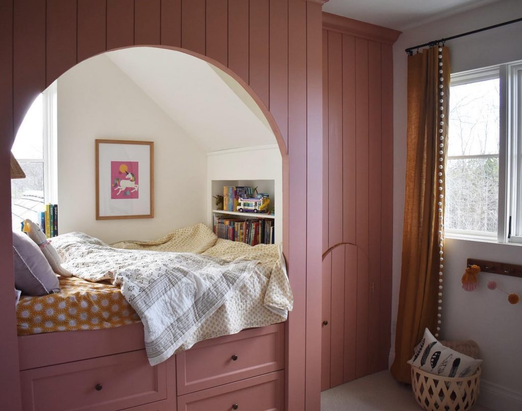 Benjamin Moore Soft Cranberry Pink Paint builtin bed