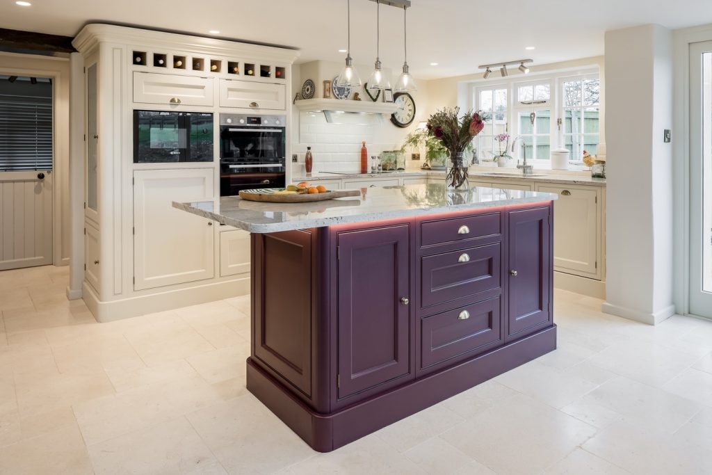 plum and white kitchen color scheme Farrow & Ball Lime White & Brinjal