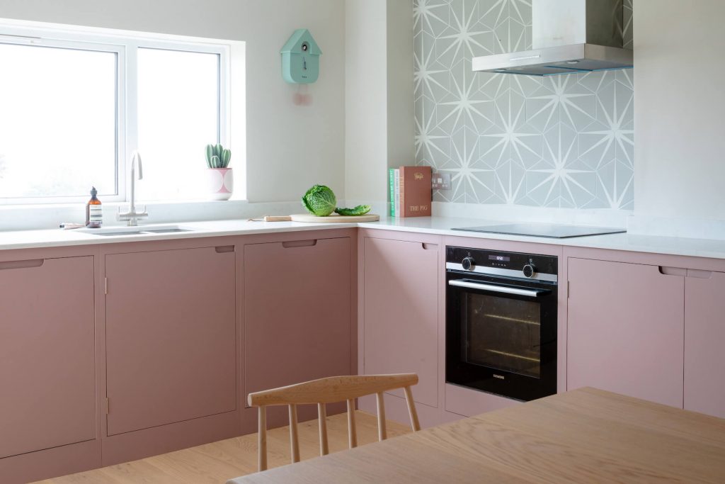 Farrow & Ball Sulking Room Pink & Skimming Stone Sustainable Kitchen Design