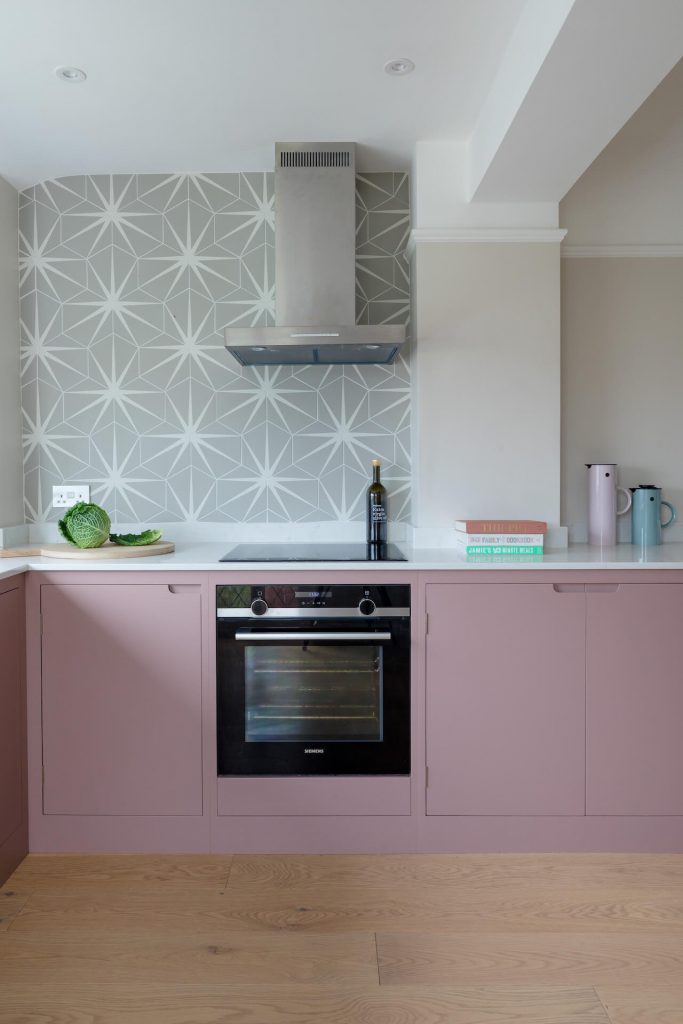 Farrow & Ball Sulking Room Pink & Skimming Stone Sustainable Kitchen Design