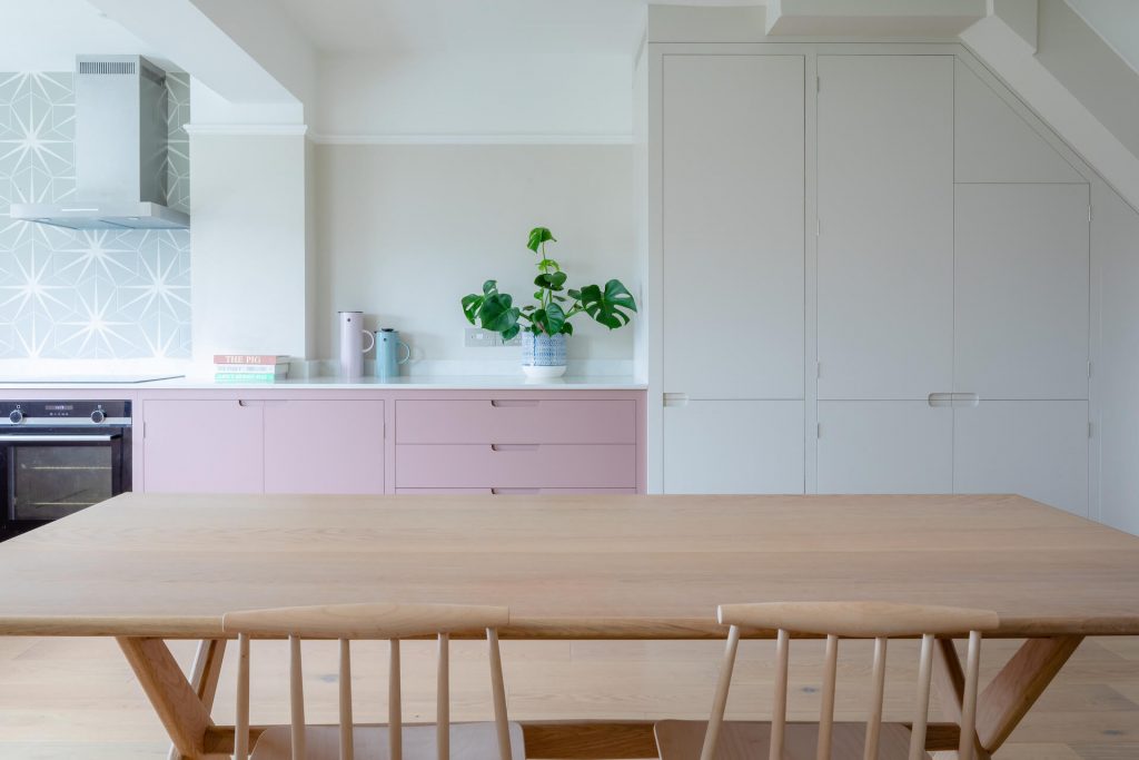 Farrow & Ball Sulking Room Pink & Skimming Stone Sustainable Kitchen Design