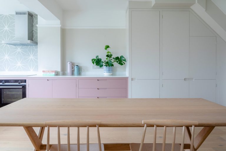 Farrow & Ball Sulking Room Pink & Skimming Stone Sustainable Kitchen