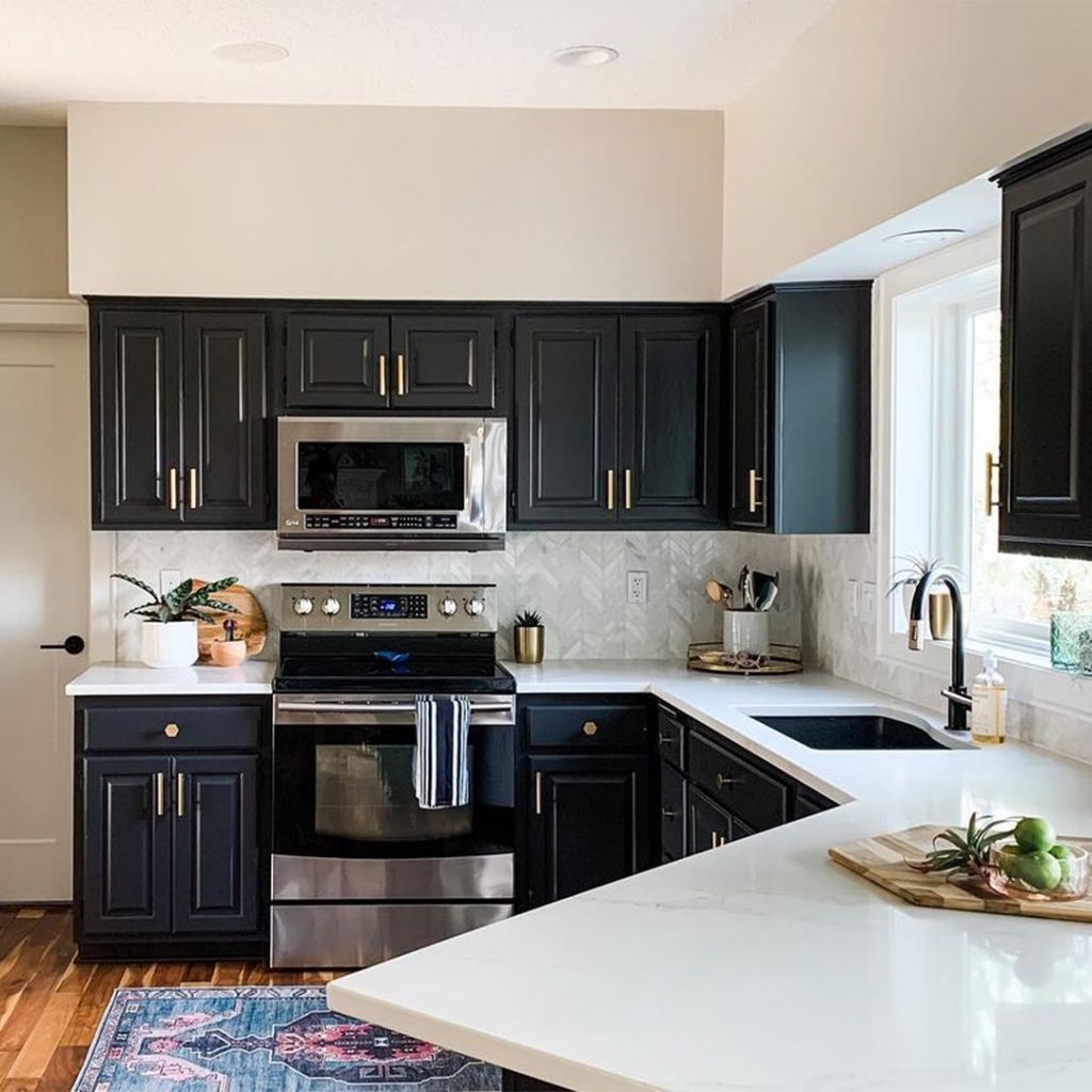 Sherwin WIlliams Black Magic painted kitchen cabinets