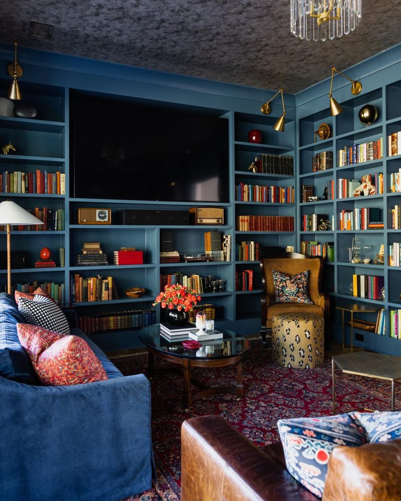blue bookshelves