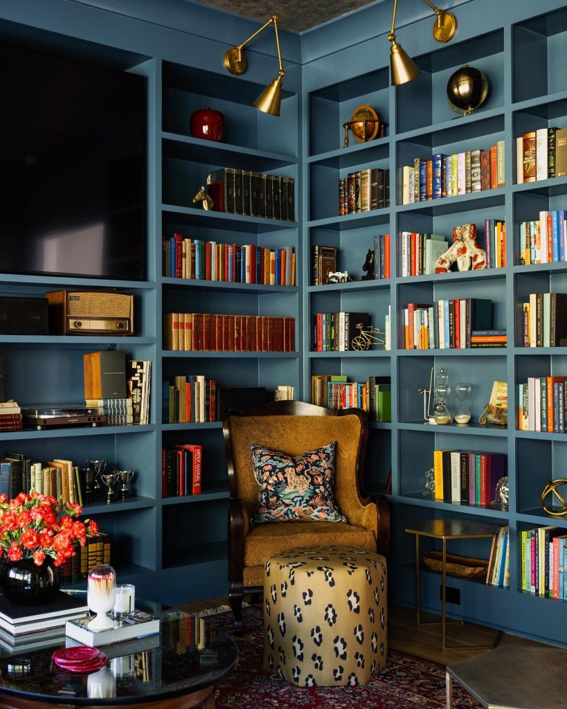 blue bookshelves