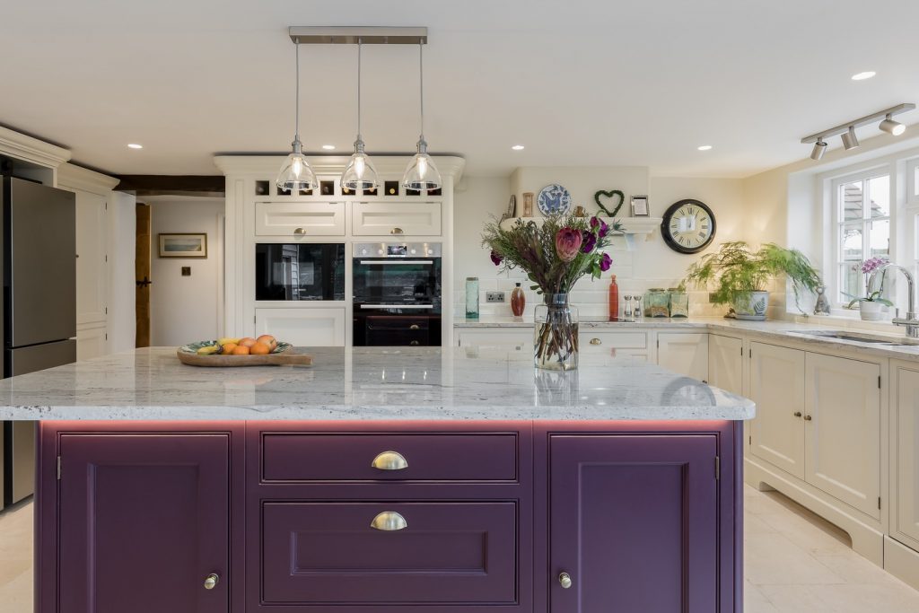 plum and white kitchen color scheme Farrow & Ball Lime White & Brinjal