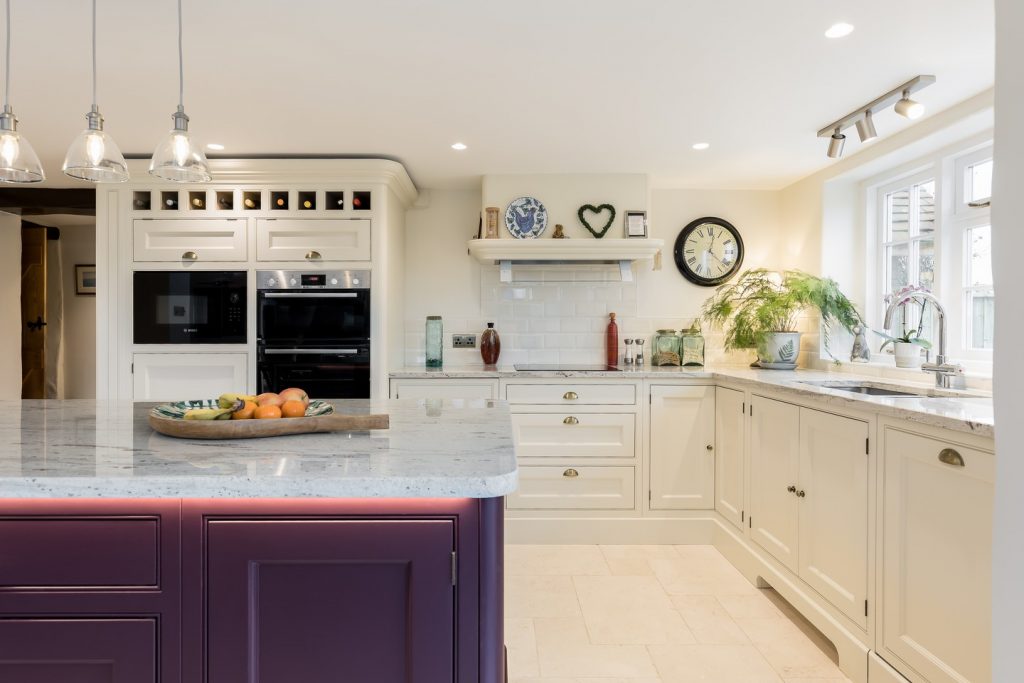 plum and white kitchen color scheme Farrow & Ball Lime White & Brinjal