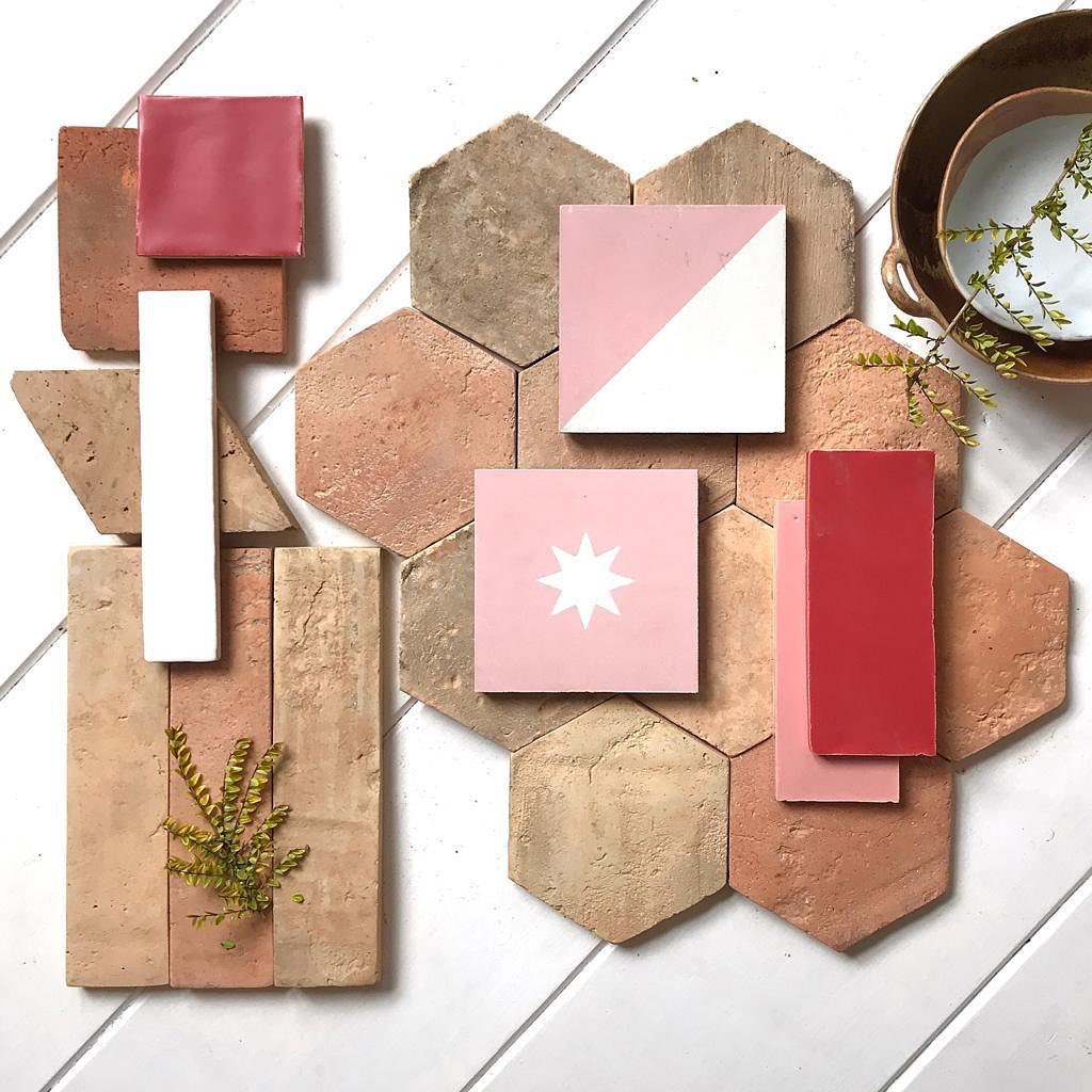 Pink and terracotta tiles palette moodboard materials
