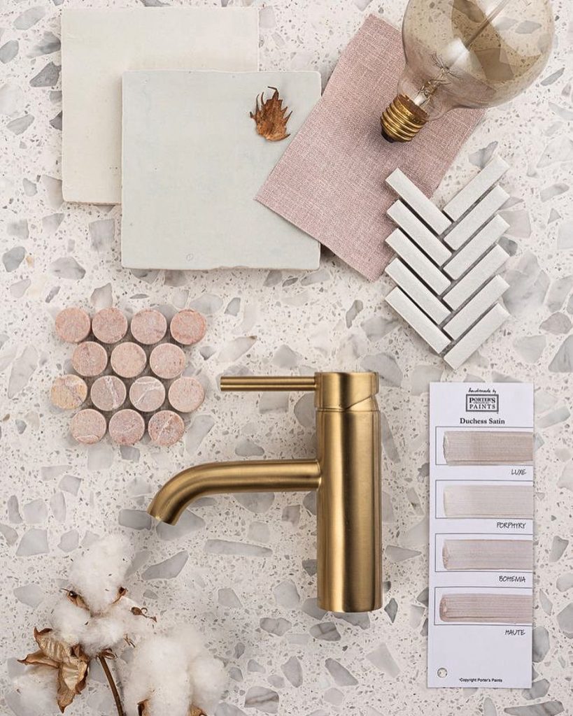 Pink flat lay moodboard bathroom palette