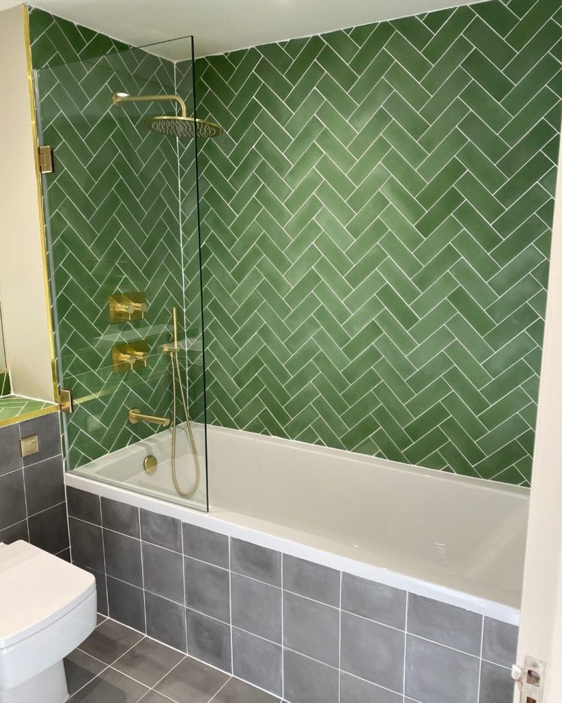 Spring green subway tiles in herringbone