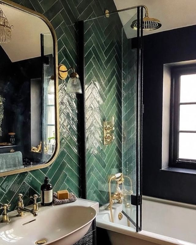 bottle green tiles herringbone bathroom design ideas