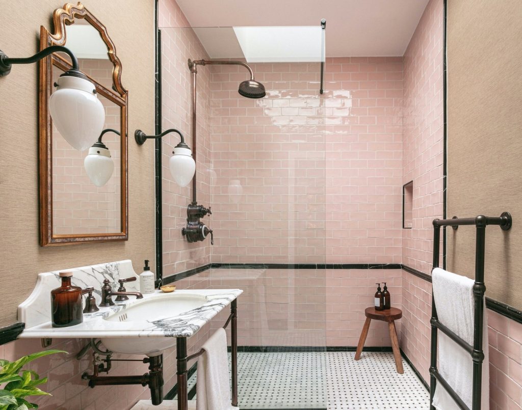 light pink subway tiles bathroom ideas