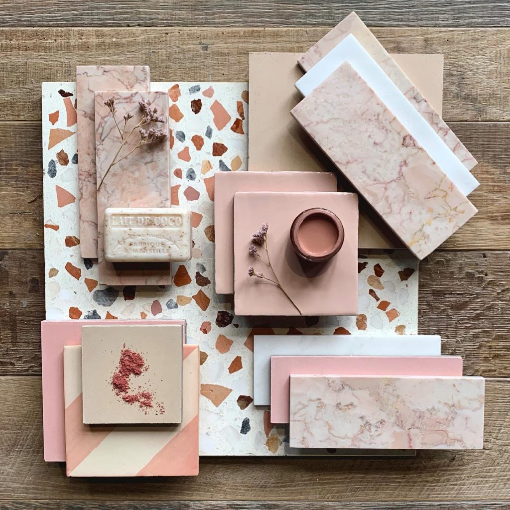 marble pink tiles bathroom moodboard