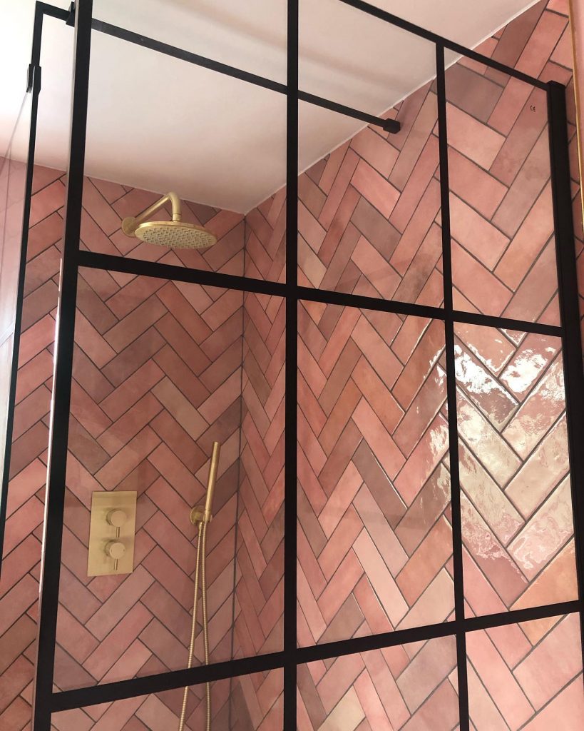 pink decor bathroom herringbone tiles