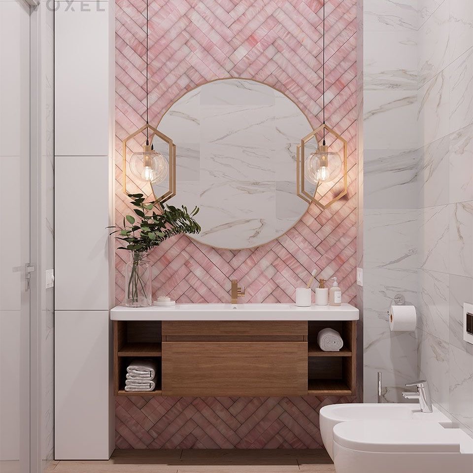 pink herringbone feature niche bathroom tiles