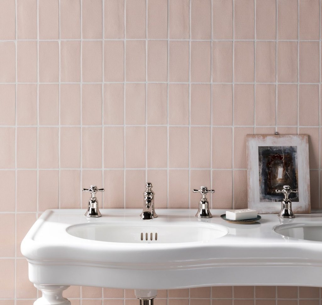 pink subway tiles bathroom stacked