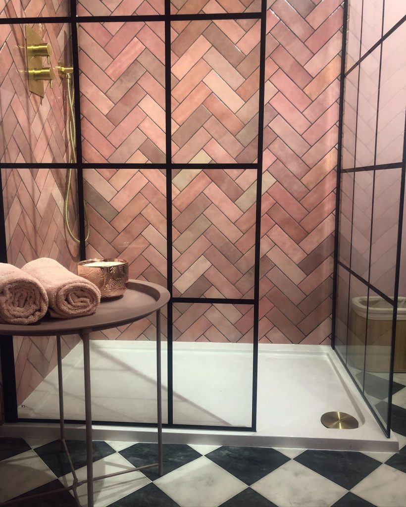 pink subway tiles herringbone