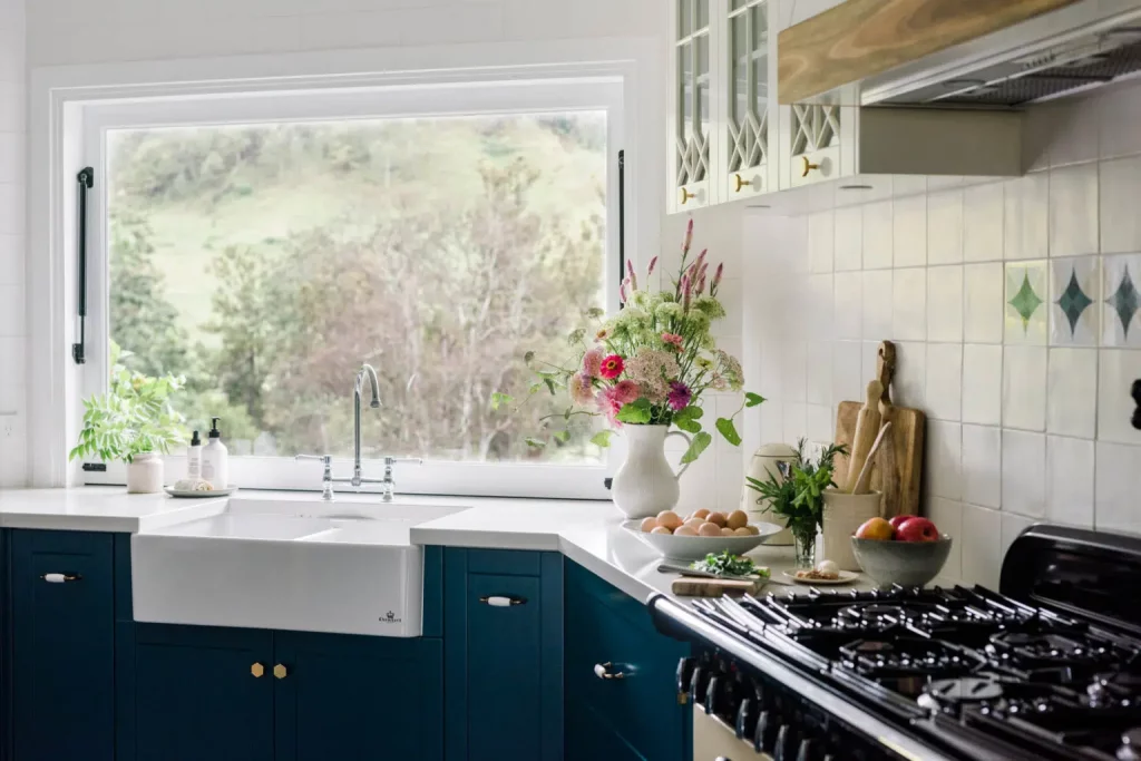 Australian blue kitchen cabinets in Dulux Submarine