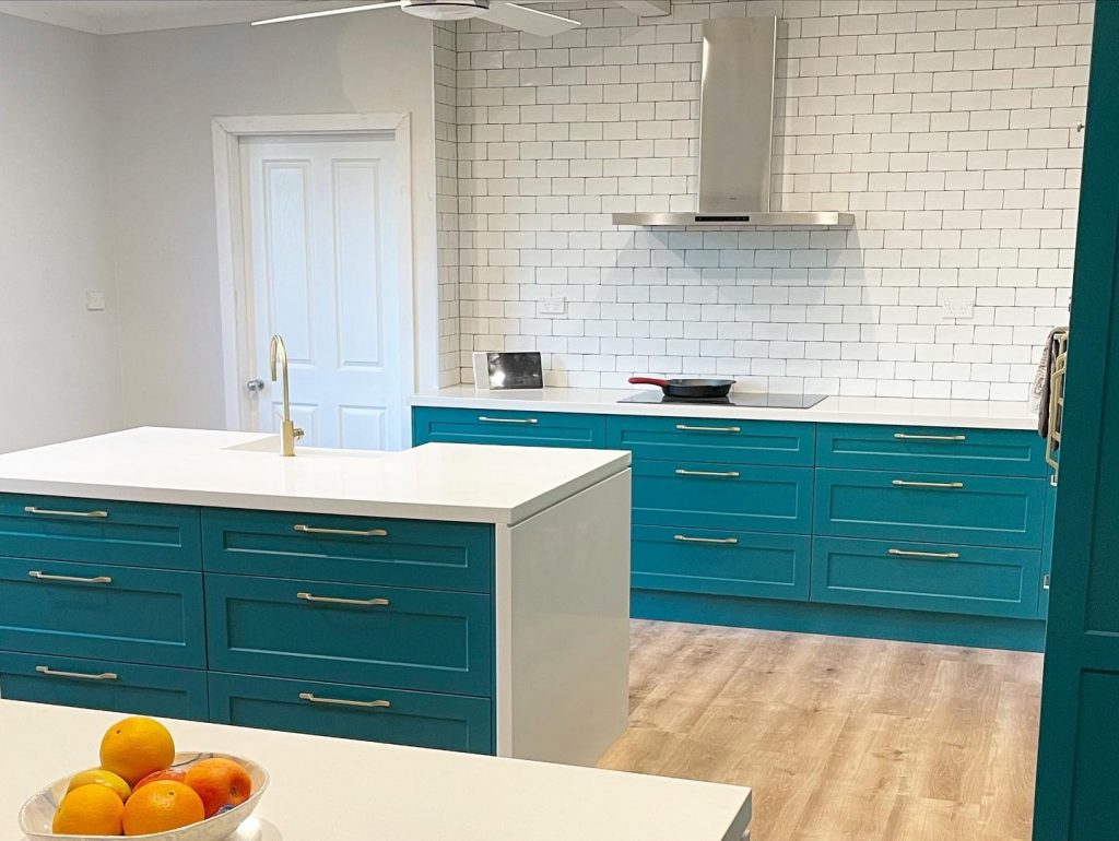 Dulux Blue Emerald painted kitchen cabinets Australia Kitchen renovation