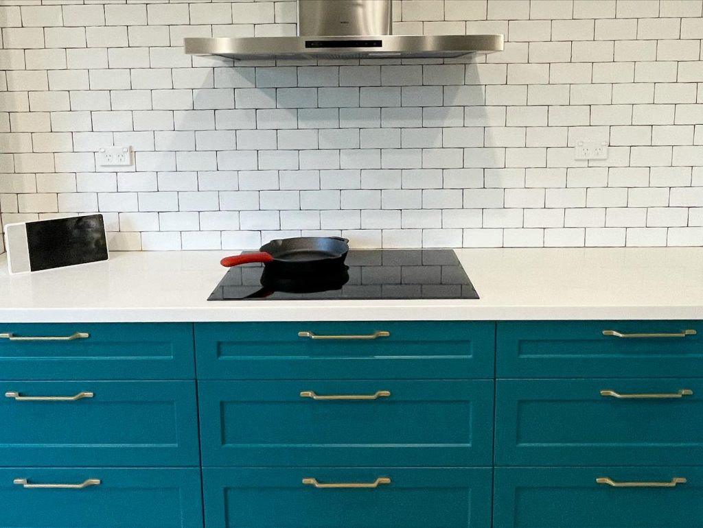 Dulux Blue Emerald painted kitchen cabinets Australia Kitchen renovation