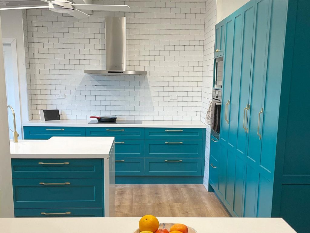 Dulux Blue Emerald painted kitchen cabinets Australia Kitchen renovation