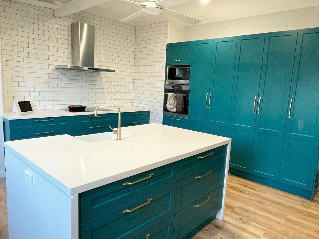 Dulux Blue Emerald painted kitchen cabinets Australia Kitchen renovation