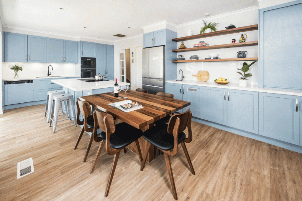  kitchen in Dulux Bay’s Water pastel blue australia