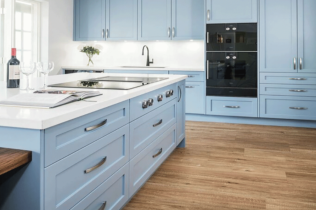  kitchen in Dulux Bay’s Water pastel blue australia