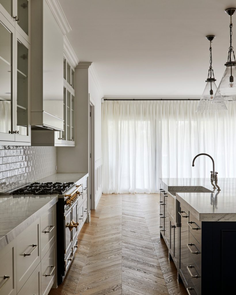 kitchen with a chevron oak wood flooring