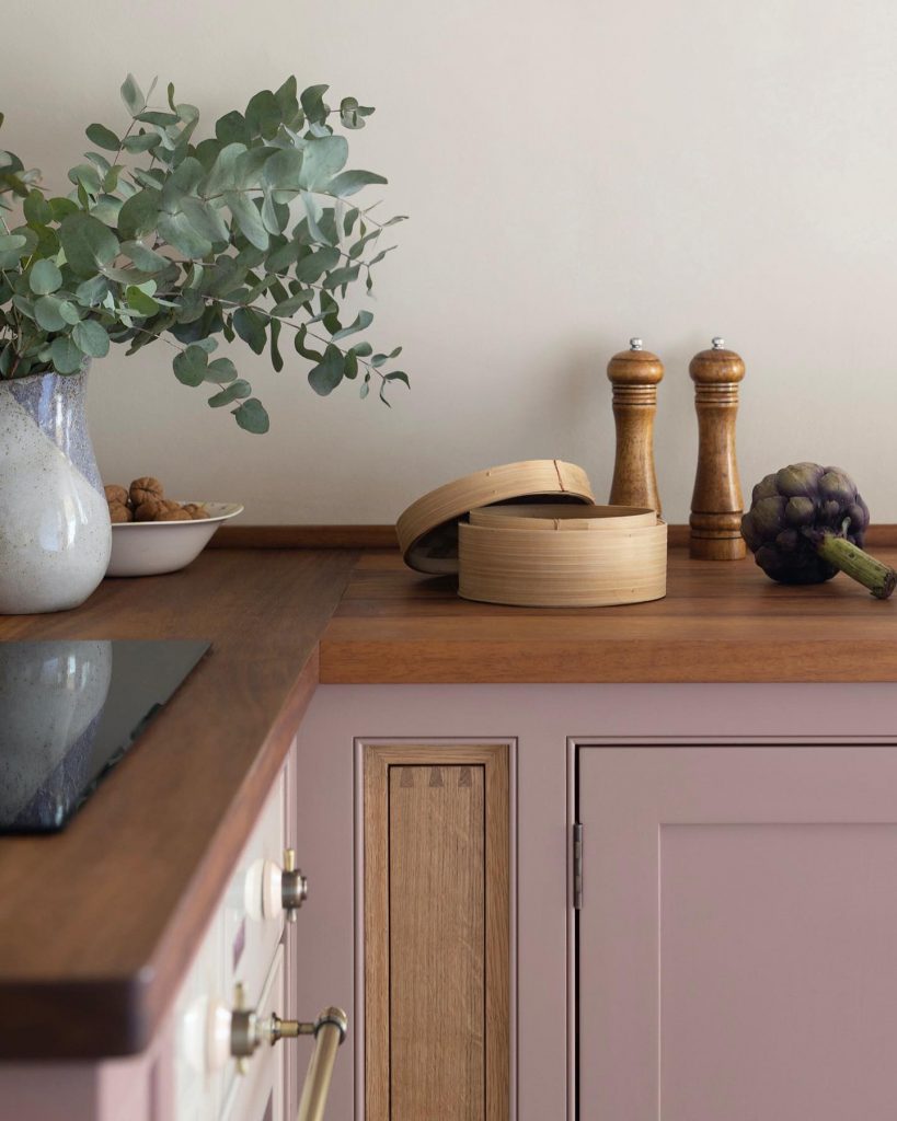 Farrow & Ball Sulking Room Pink kitchen cabinets wood benchtop