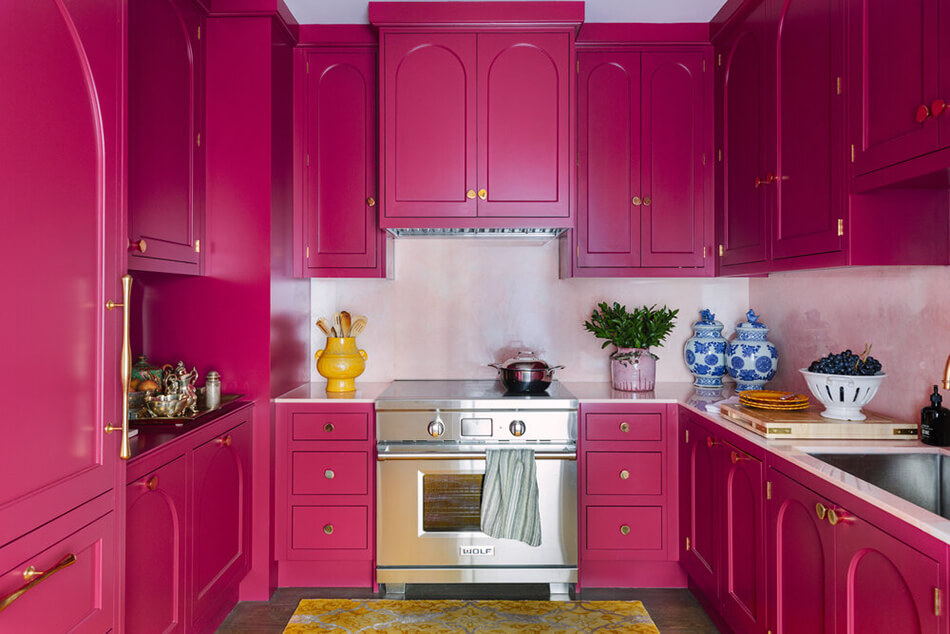 Hot pink shaker kitchen cabinets