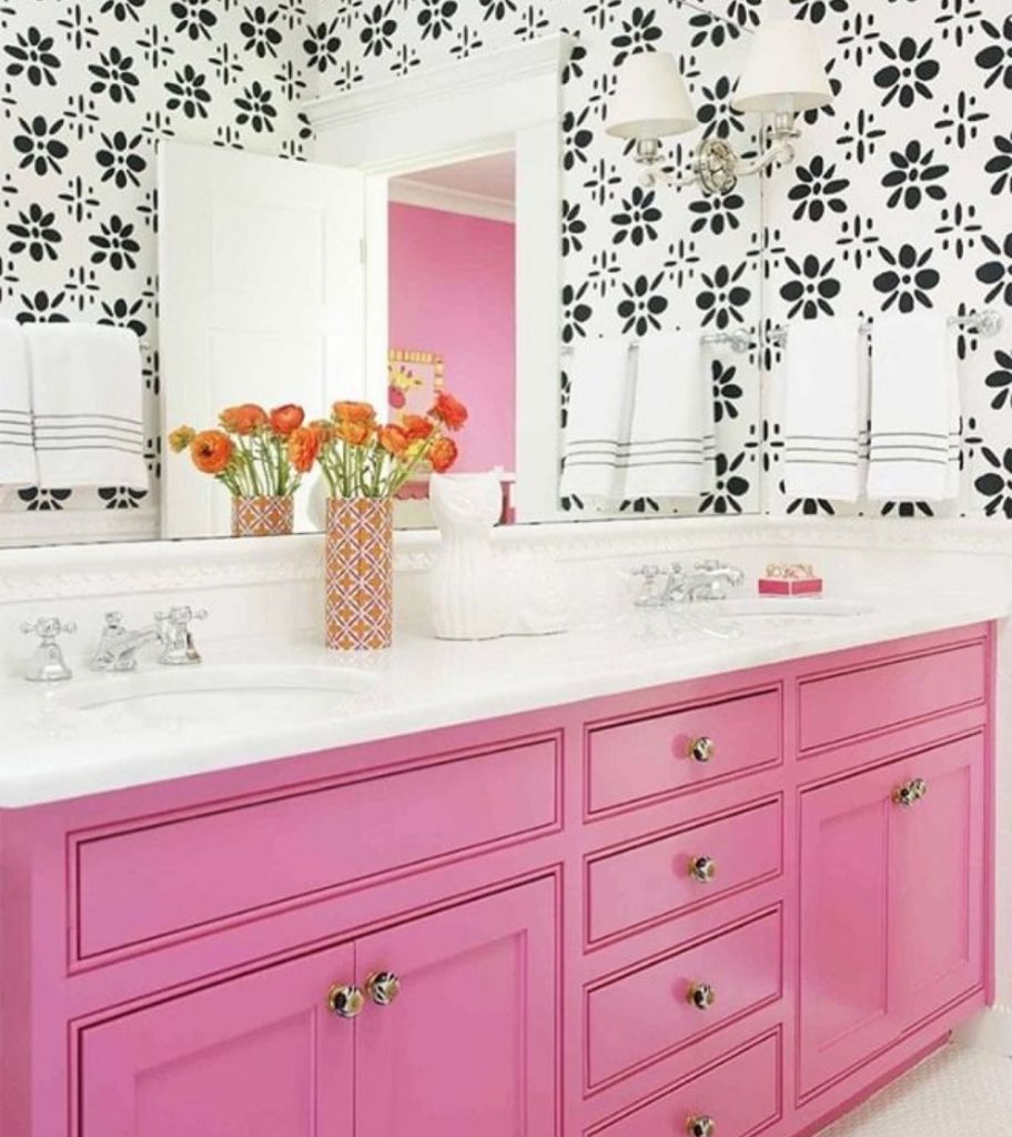 bathroom cabinets painted in Pink Ladies by Benjamin Moore