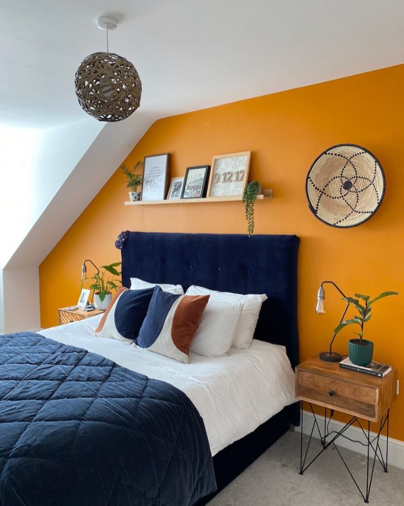 orange and navy colour scheme interior bedroom