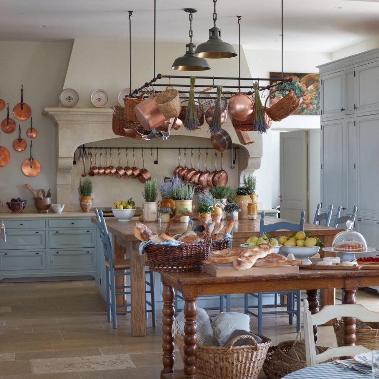 Country Kitchen With Light Blue Painted Cabinets And Hanging Copper Pots 768x768 