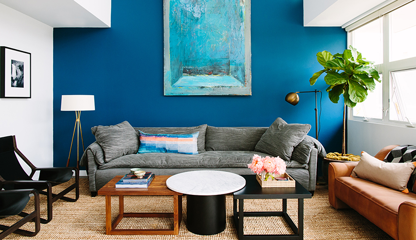 bold blue feature wall with blue artwork interior