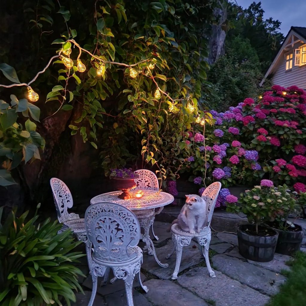 cottage garden seat area with hydrangeas