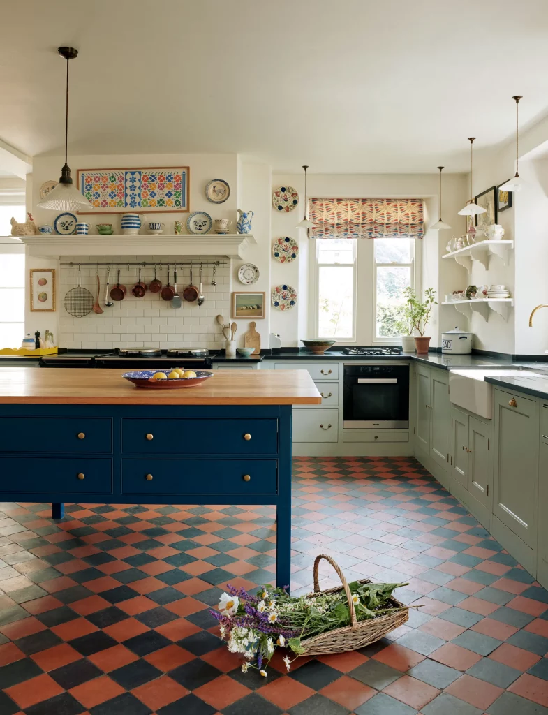 country kitchen in farrow & ball hague blue and pale powder