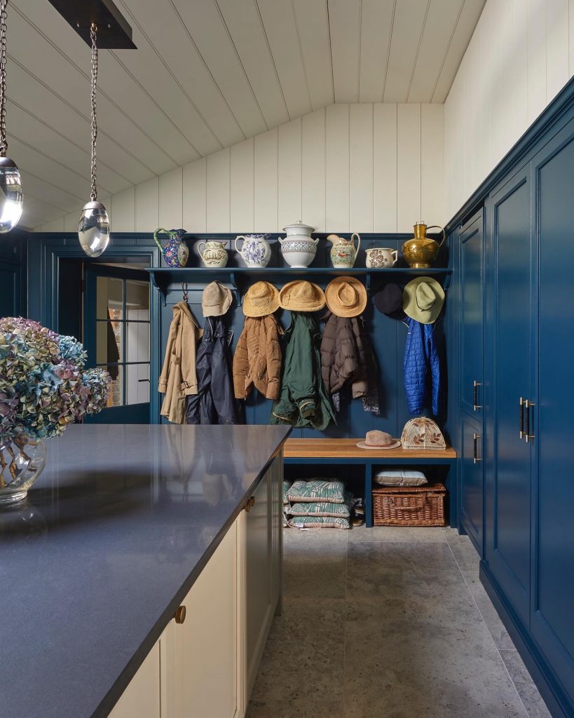 cupboards painted in Hague Blue by Farrow & Ball