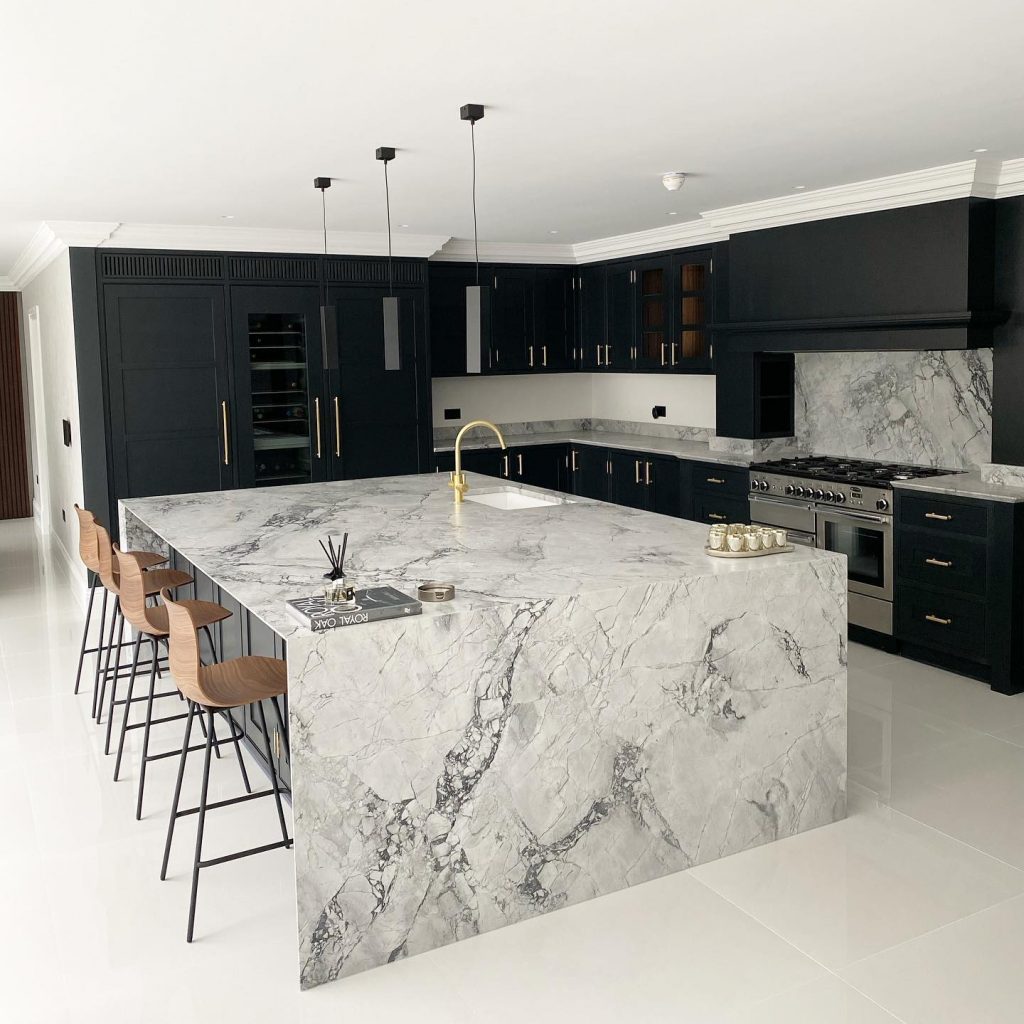 Farrow and Ball Off-Black and marble island kitchen