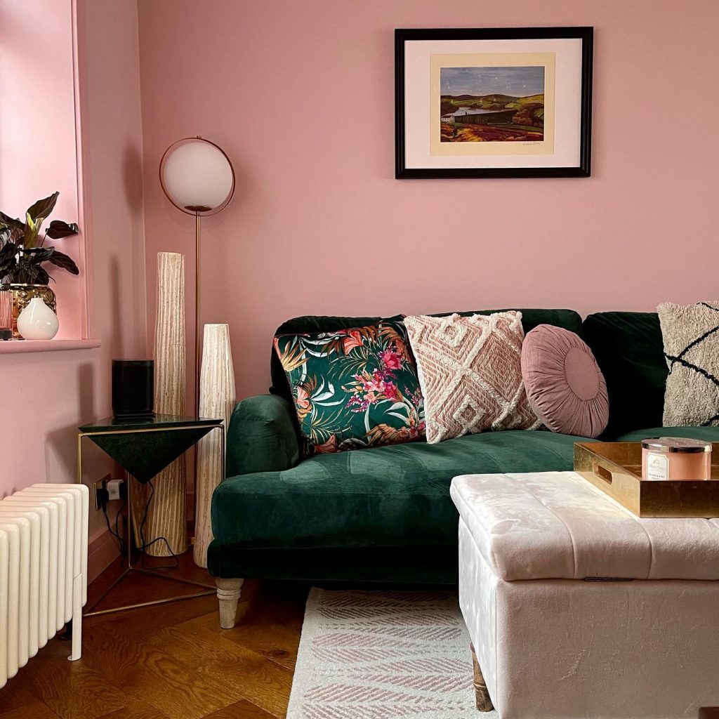 Little Greene Confetti pink walls living room entrance