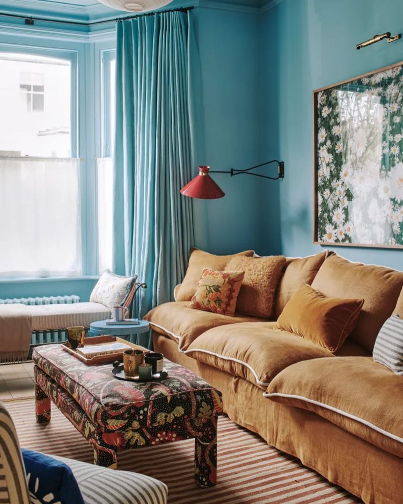 Farrow & Ball Yonder’ blue walls living room
