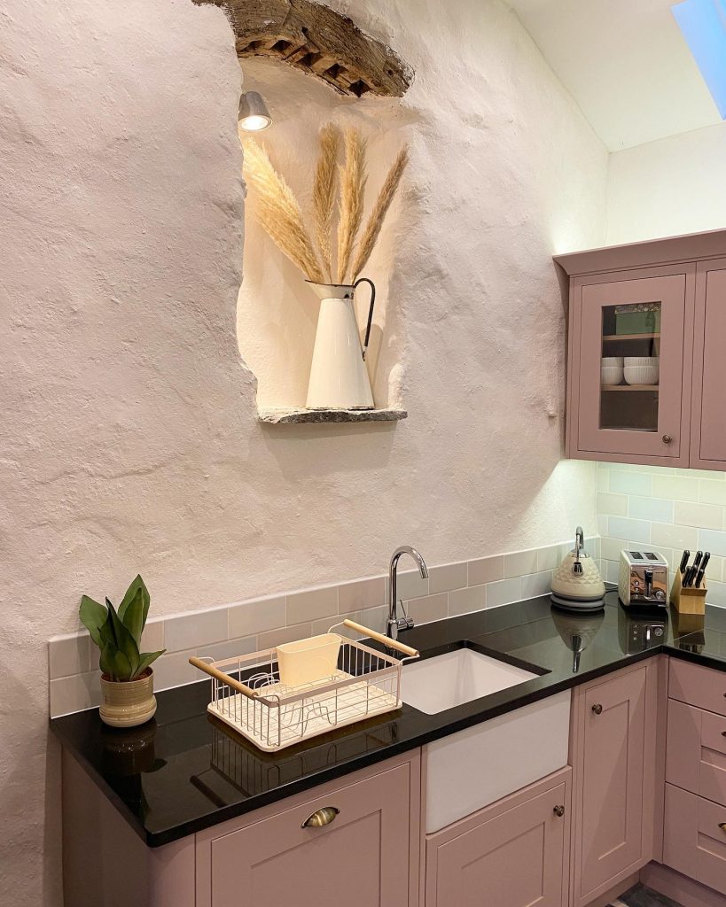 Little Greene Light Peachblossom Pink kitchen cabinets