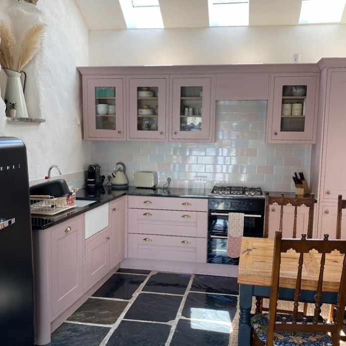 Little Greene Light Peachblossom Pink kitchen