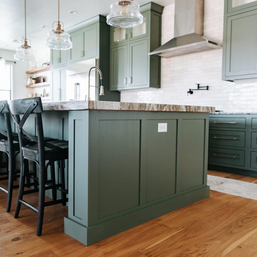 shaker cabinets painted in Sherwin Williams Pewter Green SW Color Love