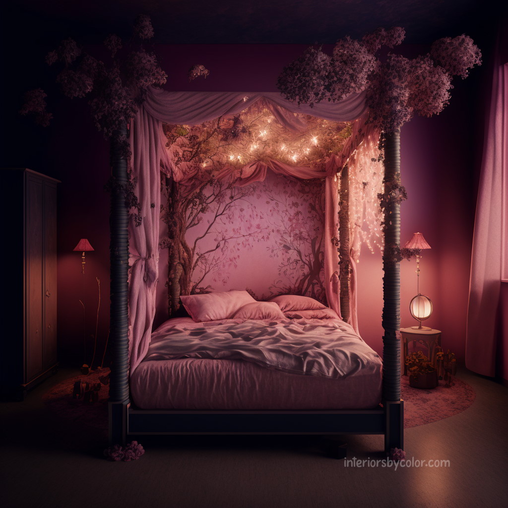 a_pink_bedroom_with_a_four_post_bed_and_a_woodland
