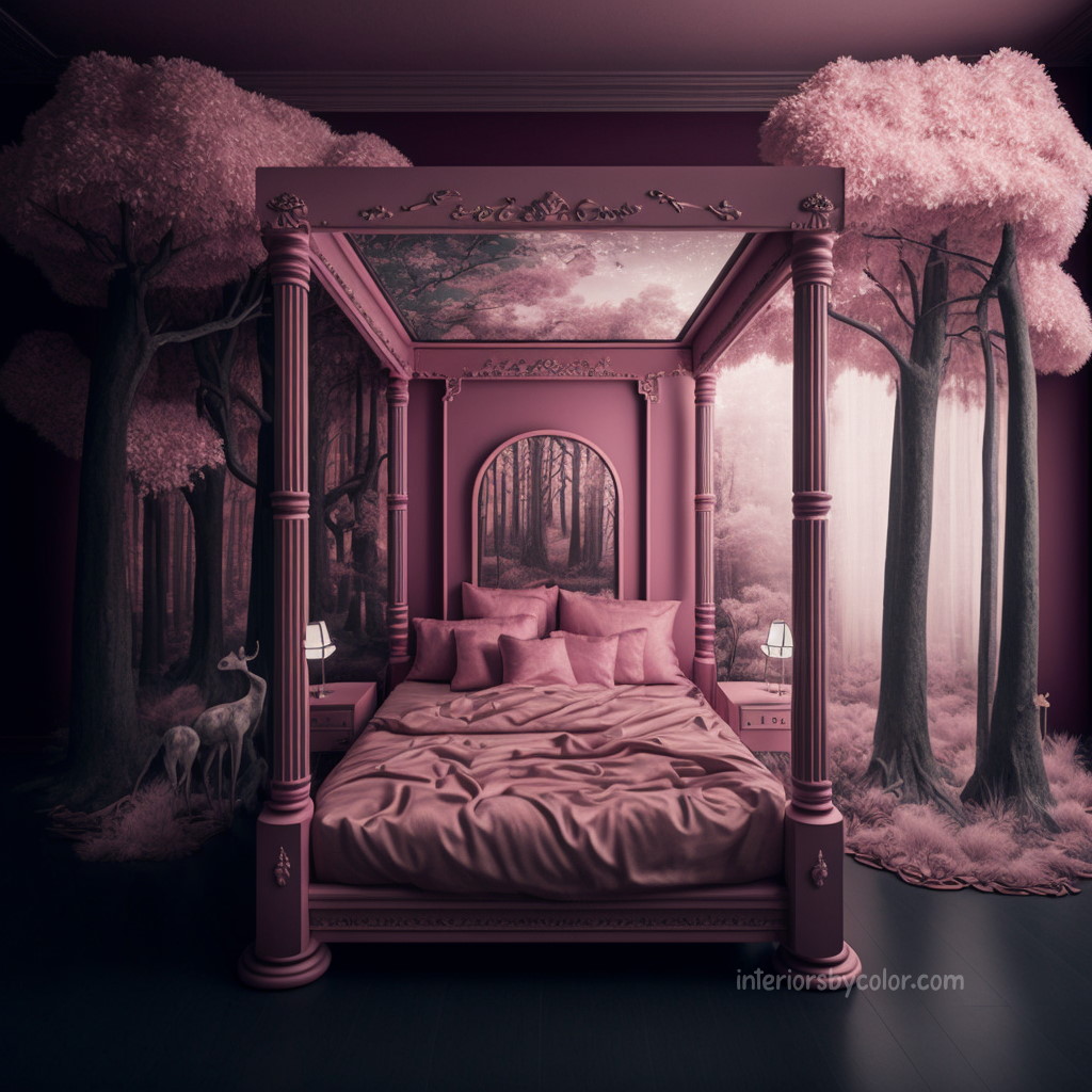 classical_a_pink_bedroom_with_a_four_post_bed_and_a_woodland