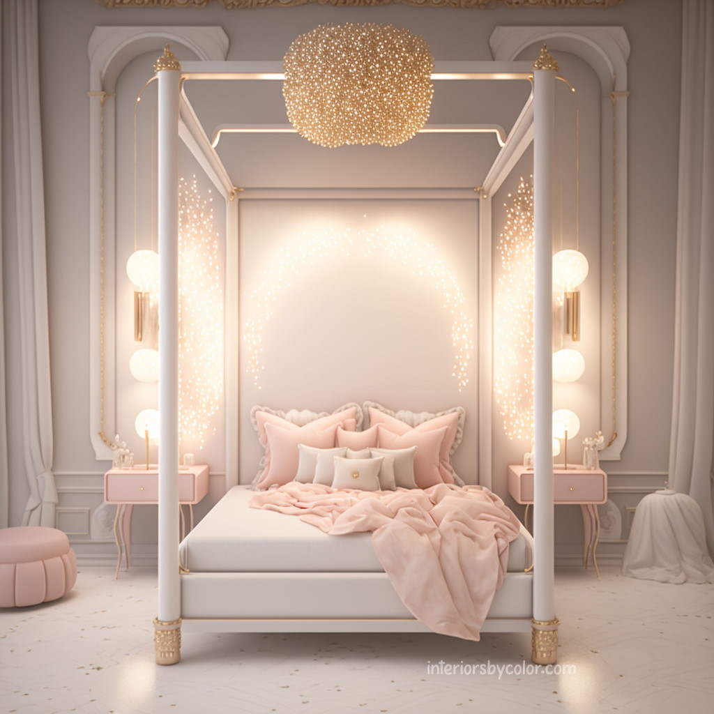 pastel pink and gold bedroom with four post bed